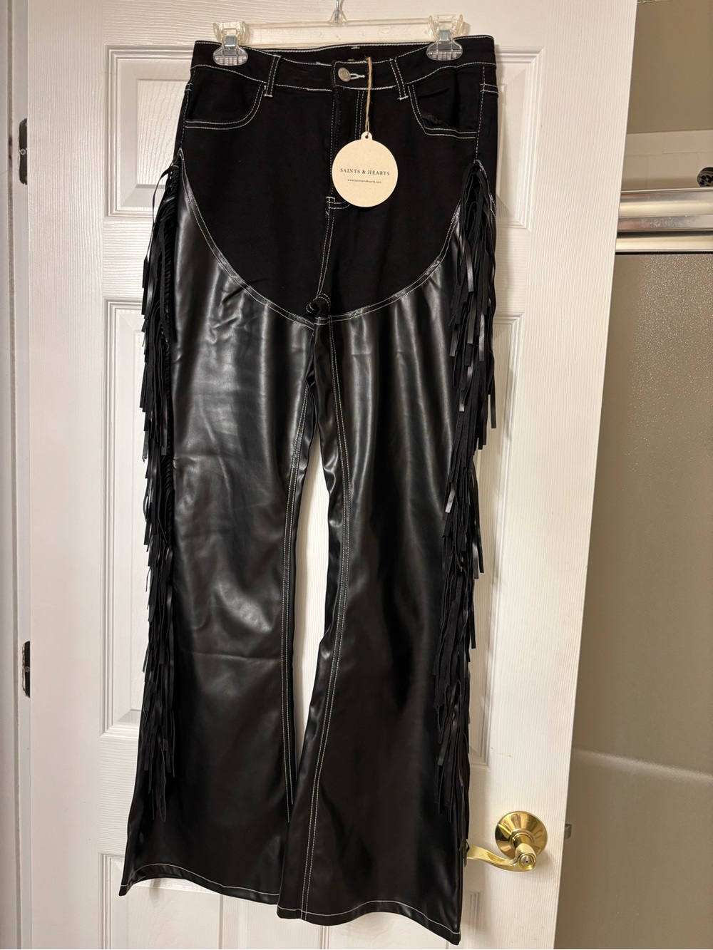 New w/tags Saints & Hearts Black Faux Leather Fringe Pants. Sz L.